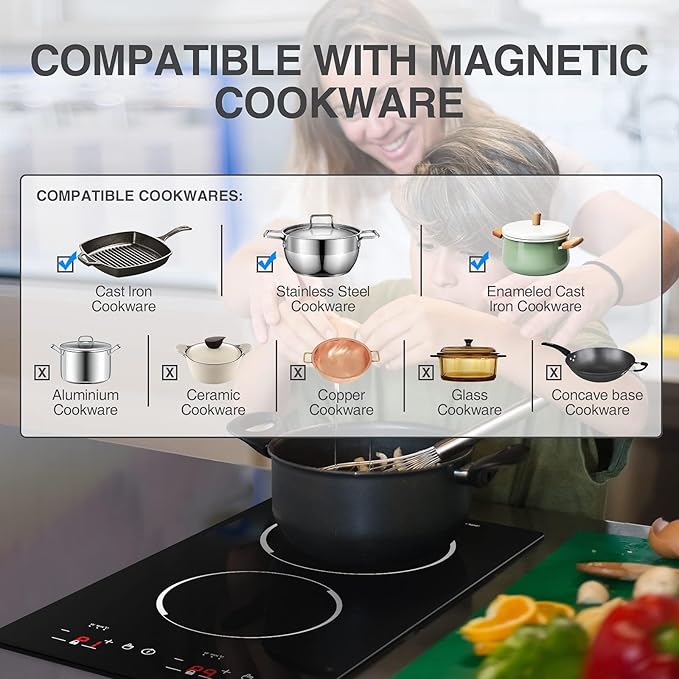 Double Induction Cooktop, WABK 2300W 2 burner Induction Cooker Cooktop, 110V Countertop & Built-in Electric Cooktop with Hot Plate, LED Touch Screen & 9 Power Levels, 2-Hour Timer and Child Lock
