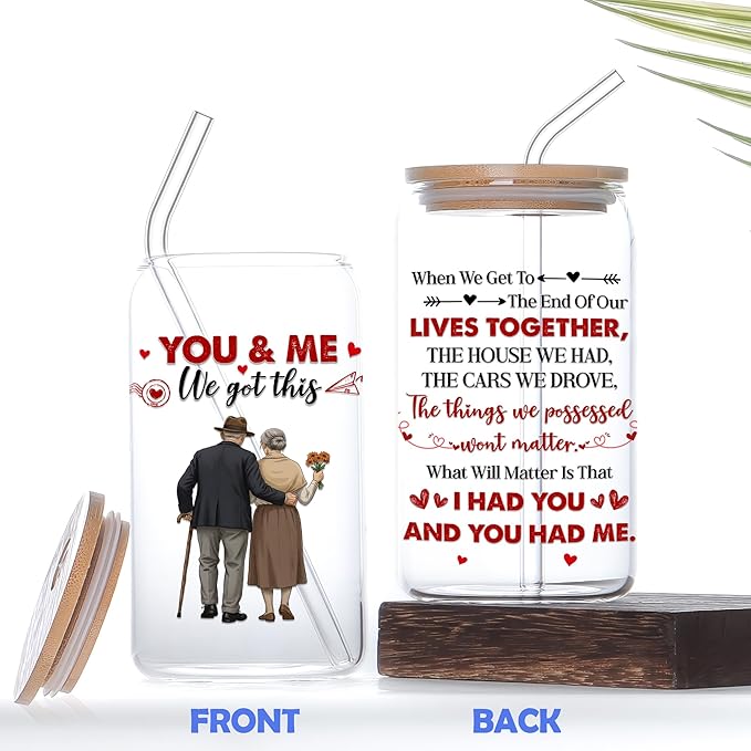 16 Oz Glass Cups with Lids and Straws You and Me We Got This Iced Coffee Cup Couple Glass Drinking Jar Beer Soda Tea Cocktail Wedding Anniversary Valentines Gift for Him Her Spouses Love