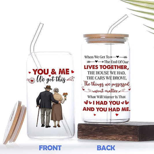 16 Oz Glass Cups with Lids and Straws You and Me We Got This Iced Coffee Cup Couple Glass Drinking Jar Beer Soda Tea Cocktail Wedding Anniversary Valentines Gift for Him Her Spouses Love