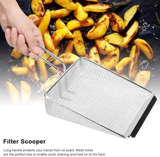 Metal French Fry Scoop, Fine Mesh Skimmer Spoon Stainless Steel Fry Scooper Food Flat Scoop with Handle Kitchen Strainer Spoon Frying Strainer for Cooking Frying(Silver)
