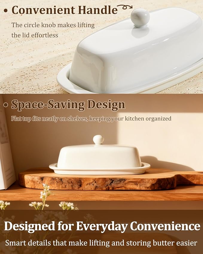 Yedio Ceramic Butter Dish with Lid and Knife for Countertop Refrigerator, 8 Inch White Butter Holder with Porcelain Cover Knob Handle for East West Coast Butter Stick