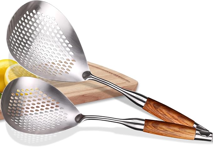 MARTE Skimmer Slotted Spoon,304 Stainless Steel Pasta Spider Strainer Ladle for Frying and Cooking,Kitchen Colanders & Food Strainers Set of 2，Slotted Spoon with Heat-Resistant Solid Wood Handle