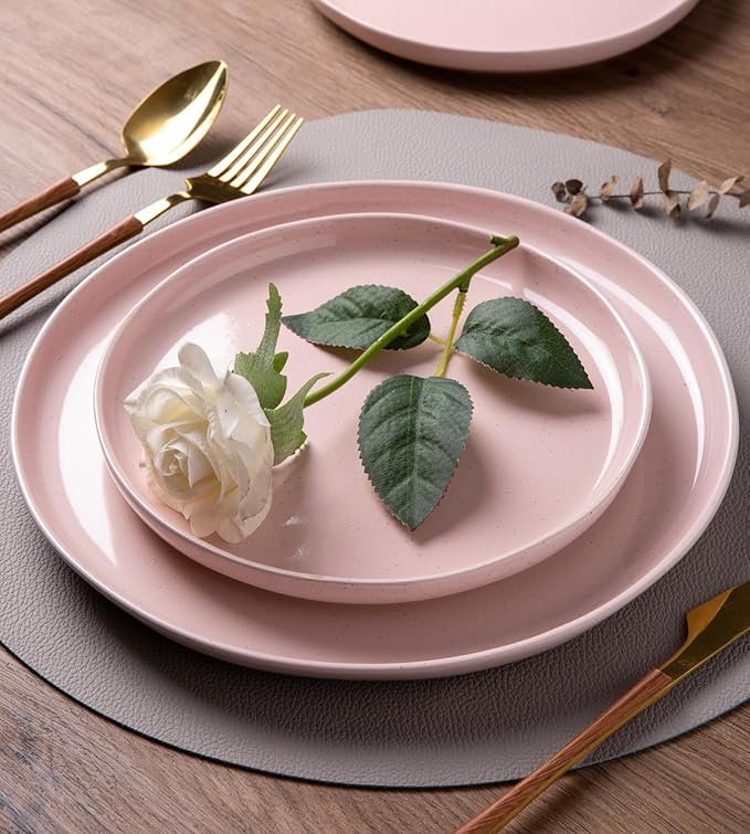 AmorArc Ceramic Dinner Plates Set of 6,10.5 Inch Stoneware Plates Set for Dinner, Elegant Dish Set with Rustic Terracotta Underside,Microwave & Dishwasher Safe-Cloud Pink