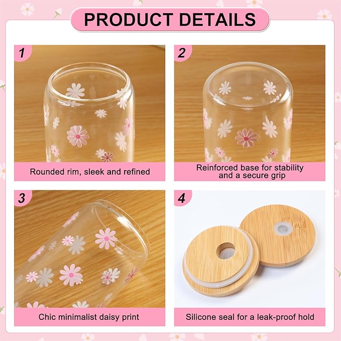 Cute Glass Cups with Lids and Straws, Teen Girl Birthday Gifts Daisy Iced Coffee Cup, Pink Aesthetic Mug Tumbler for Mothers Day Christmas Valentines Coffee Lover 16oz