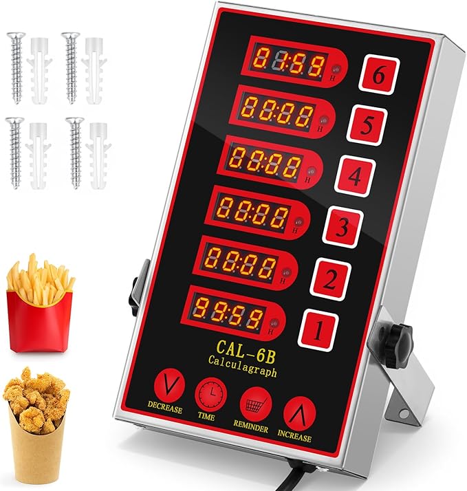 1 Pack Commercial 6 Channel Digital Kitchen Timer, Multi-Countdown Timer with Loud Alarm & Large LCD Display, Wall Mount or Countertop for Restaurant, Fry Station, Baking & Lab Use