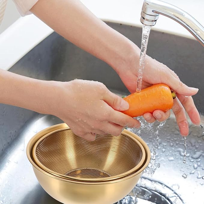 Stainless Steel Basin and Fine Mesh Rice Strainer Set 7.08In Kitchen Drainer for Washing Vegetables Fruits and Cooking Rice with Metal Colander Basket