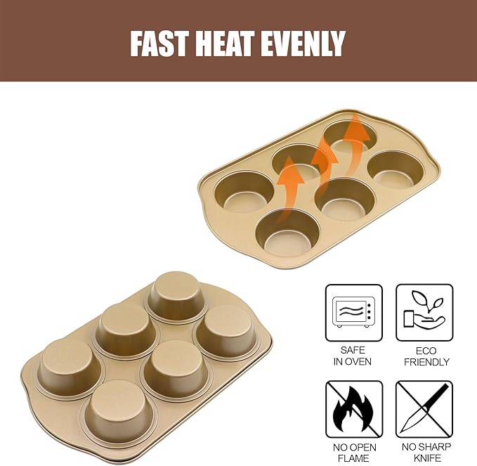 JOHO BAKING Jumbo Muffin Pan 2 Pack, Nonstick Large Cupcake Pan 6 Cup, Heavy Duty 0.5mm Thick Steel Big Muffin Tins for Baking, 3.5inch Dia, Gold