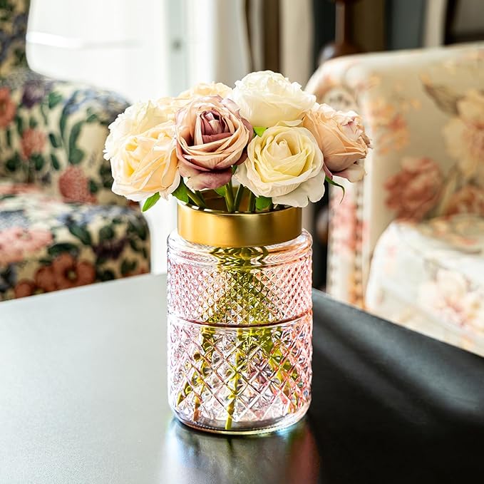 2-Pack Flower Vase Glass, 7.6 '' Pink Fluted Vase with Golden Metal Top, Valentine's Day Stylish Decorative Vases for Tabletop Centerpiece, Kitchen, Living Room, Bedroom, Bathroom