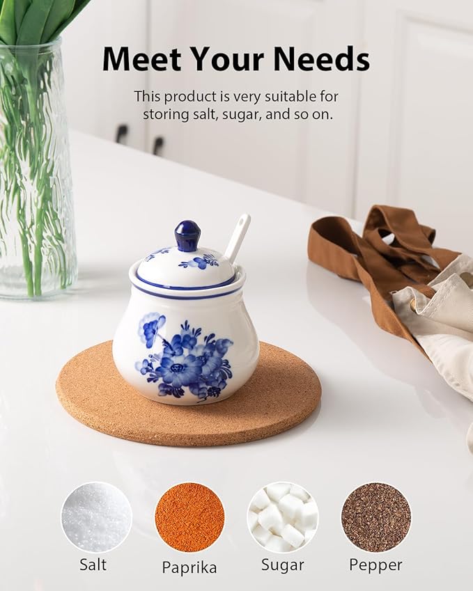 Ceramic Sugar Bowl with Lid and Spoon, 11Oz Sugar Container for Coffee Bar, Blue and White Sugar Jar/Dispenser, Flower