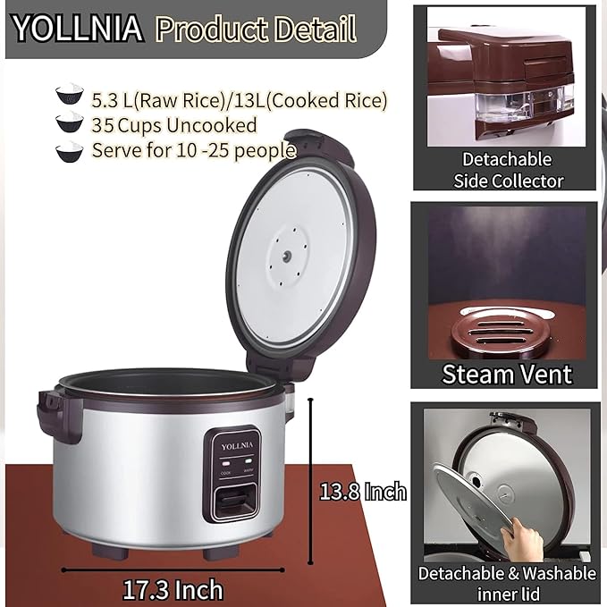 YOLLNIA Commercial Large Rice Cooker & Food warmer | 13.8QT/65 Cup cooked rice | Non-stick Inner Pot |Auto Warmer Mode |1350W Fast Cooking