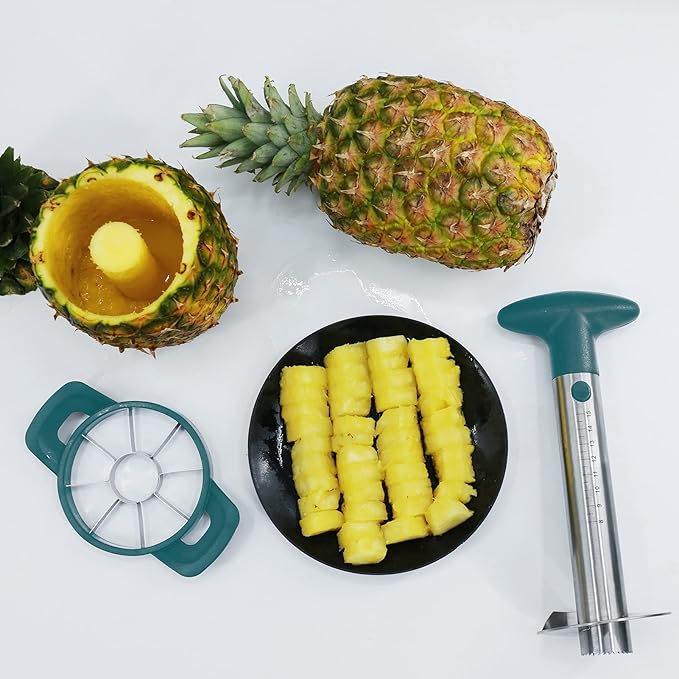 Newness Pineapple Corer and Slicer Tool, Robust Pineapple Core Remover with Upgraded Cutter & Reinforced Thicker Blade, Stainless Steel Kitchen Fruit Gadget for Diced Pineapple Rings (Green)