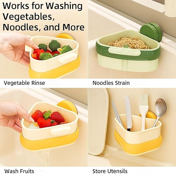 Corner Sink Strainer Food Waste Catcher for Sink, 2025 New Upgraded Suction Cup Press Sink Drainer Basket, Automatic Dumping Sink Strainer Basket (Yellow)