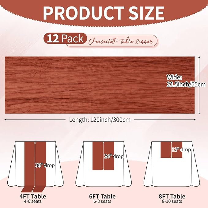 12 Pack Terracotta Cheesecloth Table Runner 10Ft, Christmas Table Runner 21.5 x 120 inch, Burnt Orange Semi Sheer Cheese Cloth Fabric Thanksgiving Runner Bulk for Wedding,Party,Bridal Shower