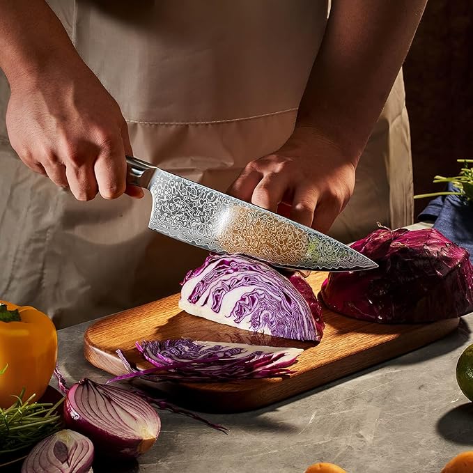 SENKEN 8" Damascus Steel Chef's Knife - Dynasty Collection - 67-Layer Japanese VG10 Steel with Sycamore Wood Handle, Razor Sharp Double Bevel 15° Edge