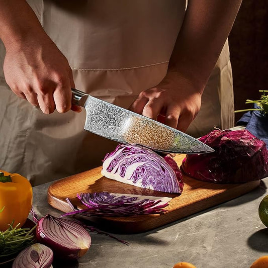 SENKEN 8" Damascus Steel Chef's Knife - Dynasty Collection - 67-Layer Japanese VG10 Steel with Sycamore Wood Handle, Razor Sharp Double Bevel 15° Edge