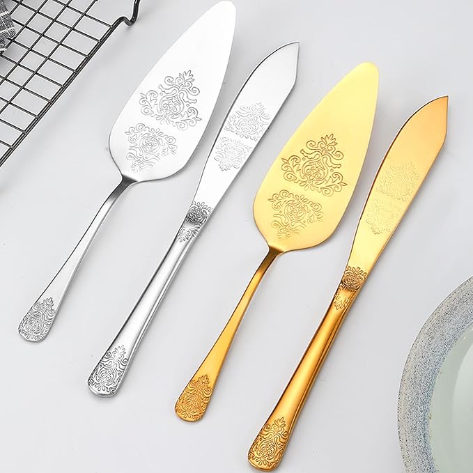 Tiokin Cake Cutting Set for Wedding, Elegant Cake Knife and Server Set with Thickened Stainless Steel Rounded Edges, Cake Cutter Pie Spatula for Birthday Anniversary Christmas 2 Pcs Silver