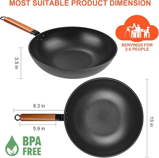Carbon Steel Wok Pan - 13" Woks & Stir-Fry Pans Nonstick with Spatula: Flat Bottom Wok for Electric, Induction and Gas Stoves