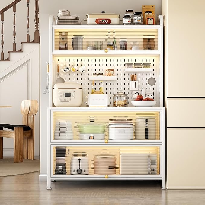 Large Kitchen Bakers Rack, 5-Tier Corner Microwave Stand with Storage, Coffee Bar with 6 S-Shaped Hooks, Open Kitchen Storage Shelves for Spices, Pots and Pans, White