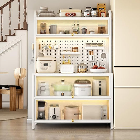 Large Kitchen Bakers Rack, 5-Tier Corner Microwave Stand with Storage, Coffee Bar with 6 S-Shaped Hooks, Open Kitchen Storage Shelves for Spices, Pots and Pans, White