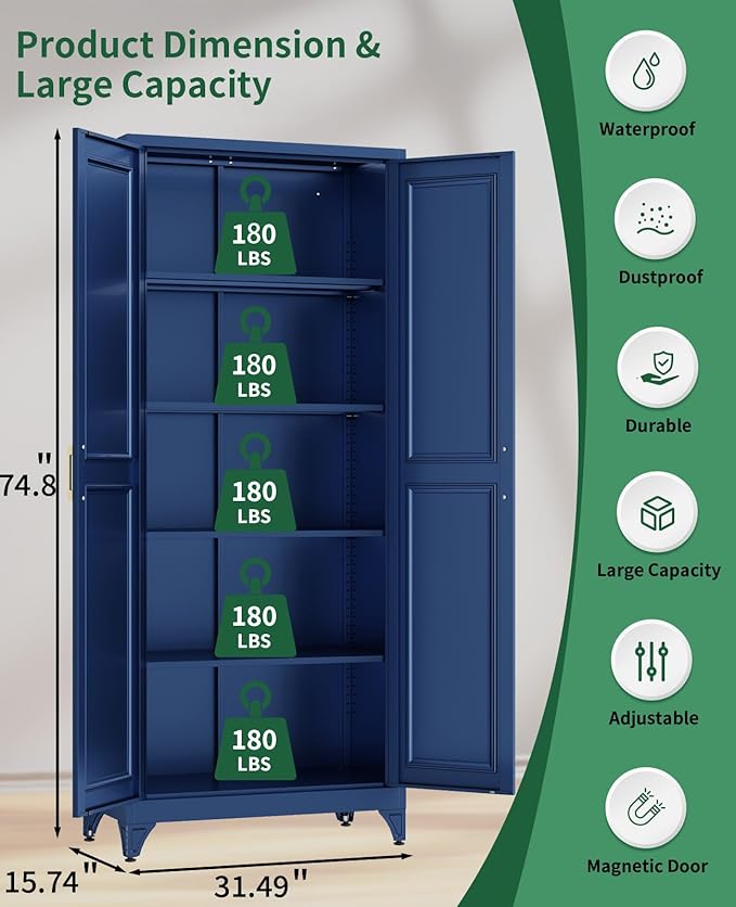 Metal Storage Cabinet with 2 Doors and 4 Adjustable Shelves, 74.8" H Kitchen Pantry Cabinets, Modern Tall Garage Cabinet for Files, Books, Tools, Toys