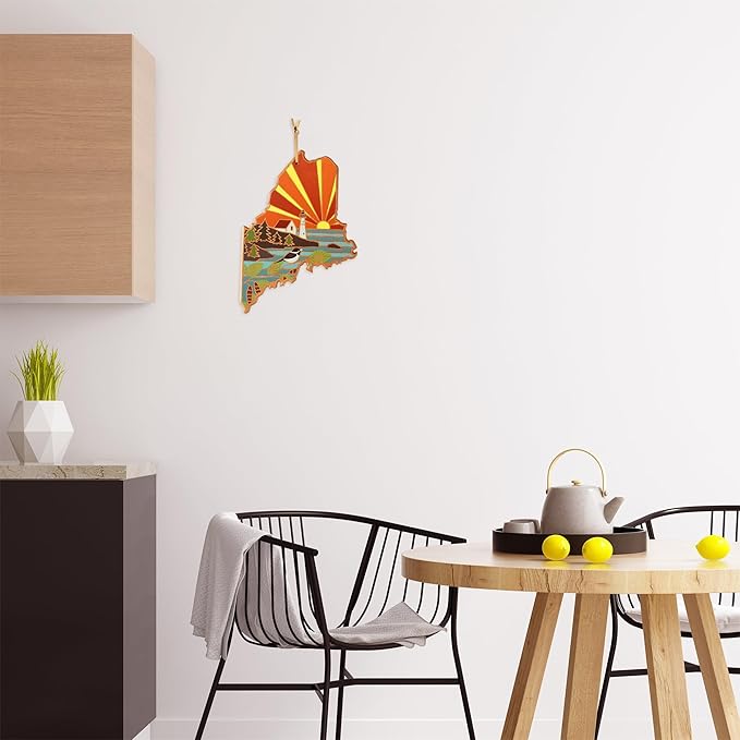 Totally Bamboo Maine State Shaped Cutting Board and Charcuterie Serving Platter with Artwork by Summer Stokes, Includes Hang Tie for Wall Display