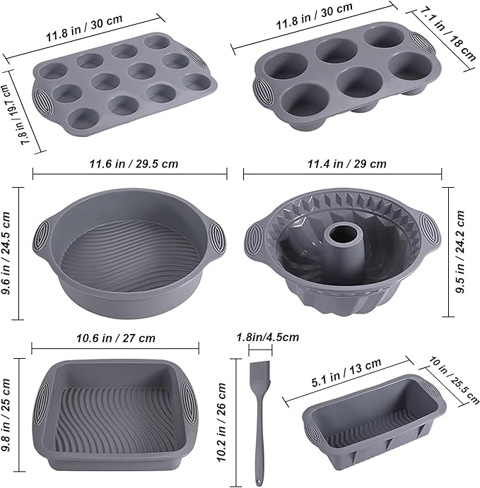 7in1 Nonstick Silicone Bakeware Set Silicone Cake Molds set Including Baking Pan, Cake Mold, Cake Pan, Toast Mold, Muffin Pan, and Cupcake Mold Silicone Brush Set