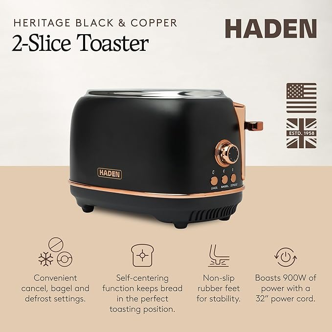 Haden Heritage 2 Slice Wide Slot Stainless Steel Toaster with Adjustable Browning Control & Non-Slip Feet, Black & Copper