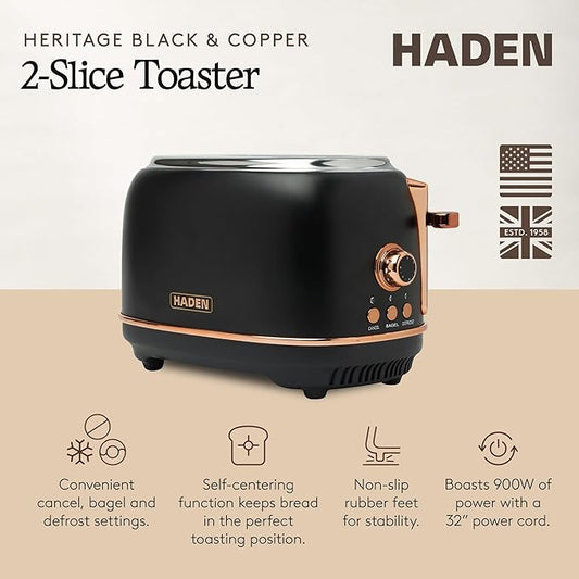 Haden Heritage 2 Slice Wide Slot Stainless Steel Toaster with Adjustable Browning Control & Non-Slip Feet, Black & Copper