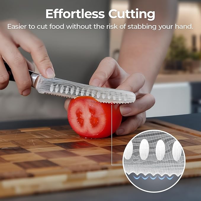 Kitchen Utility Knife, 5 inch Serrated Ultra Sharp Blade, Paring knives, Round Tip Tomato Knife, Ergonomic Handle, Full Tang – Forged High Carbon German Steel, Ideal for Gift (Black)