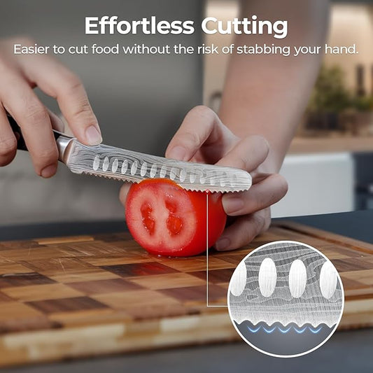 Kitchen Utility Knife, 5 inch Serrated Ultra Sharp Blade, Paring knives, Round Tip Tomato Knife, Ergonomic Handle, Full Tang – Forged High Carbon German Steel, Ideal for Gift (Black)