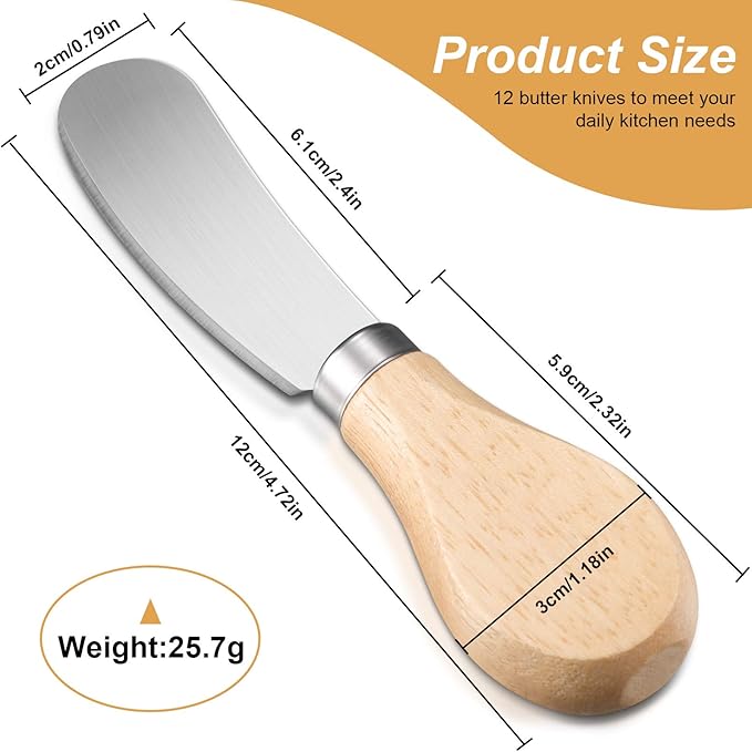 Patelai 12 Pcs Cheese Spreader Knives Butter Knife Bulk Stainless Steel Butter Spreader Knives with Wooden Handle, Cheese Cake Condiment Knife Set for Sandwich, Cream, Charcuterie, Pastry, 4.7 Inch