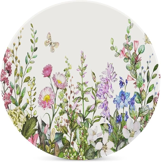 Floral Drink Coasters, Round Ceramic Drink Coaster Round-4PCS, Watercolour Flower Herb Nature Plant Floral Butterfly Decor Absorbent Ceramic Coasters for Beverage Cup, Bar, Coffee Table