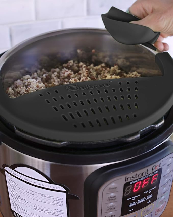 Salbree Silicone Snap Strainer fits the 6qt Instant Pot and Snaps to the 6 quart Instapot Pressure Cooker Inner Pan Small Mitts Set Included, for Straining Vegetable and Ground Beef Grease (black)