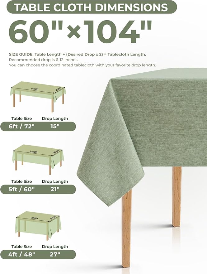 Faux Linen Farmhouse Table Cloth 60"x104" for 6 ft Rectangle Table, Sage Green Waterproof Outdoor Washable Cloth Tablecloth for Rectangular Dining Room Kitchen Outdoor Party Restaurant Decor