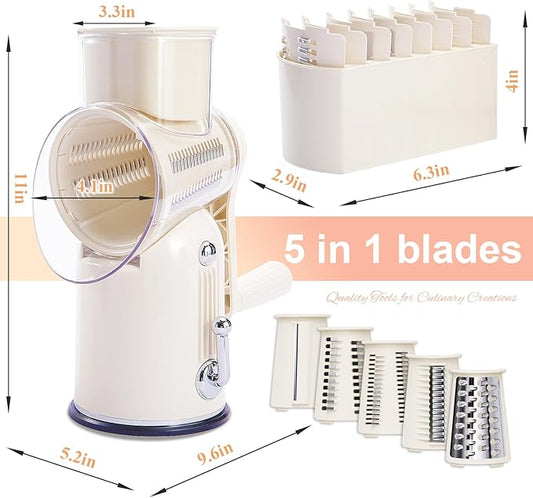 Manual Rotary Cheese Grater with Handle, 5 in 1 Replaceable Stainless Blades Cheese Shredder,Strong Suction Base Vegetable Slicer with Cleaning Brush & Bonus Storage Box for Blades (white)