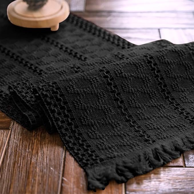 Alynsehom Macrame Table Runner Pure Black Boho Table Runners with Tassels Hand Woven Cotton Table Runner Rustic Farmhouse Table Runners for Bohemian Kitchen Dining Table(12x71in)