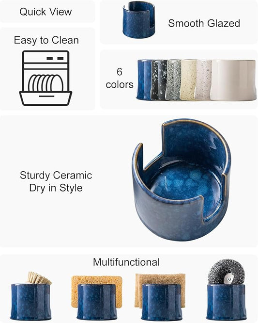 Kitchen Sponge Holder, Ceramic Sponge Organizer Scrubby Holder Dish Rack for Kitchen and Bathroom, Farmhouse Decor, Blue
