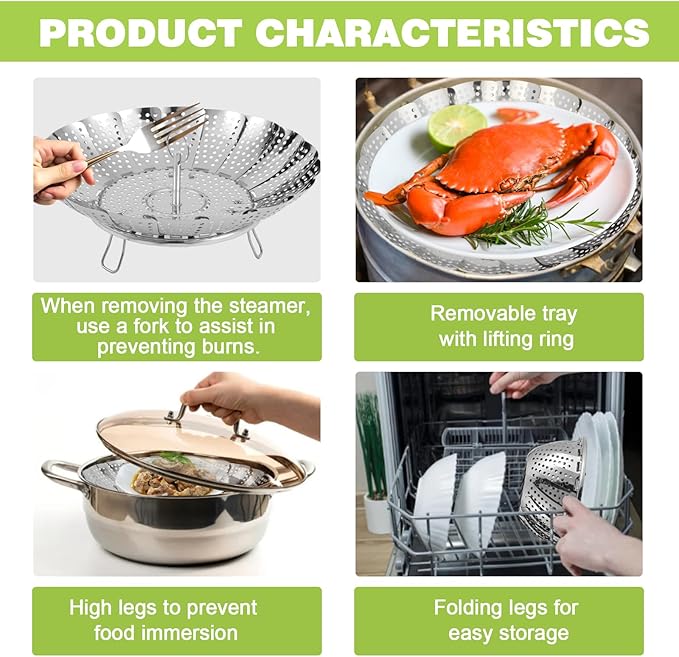 Vegetable Steamer Basket - Stainless Steel Folding Basket for Cooking, Vegetables, Fish, Pasta, Eggs, Fit Various Size Pot (5.5 inches to 9.2 inches)