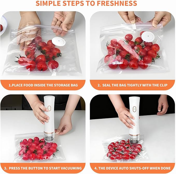 Vacuum Sealer for Food – Keeps Food Fresh up to 10× Longe, Cordless & rechargeable & strong suction for storage & sous vider(Handheld Vacuum Sealer + 30 Reusable Vacuum Bags)