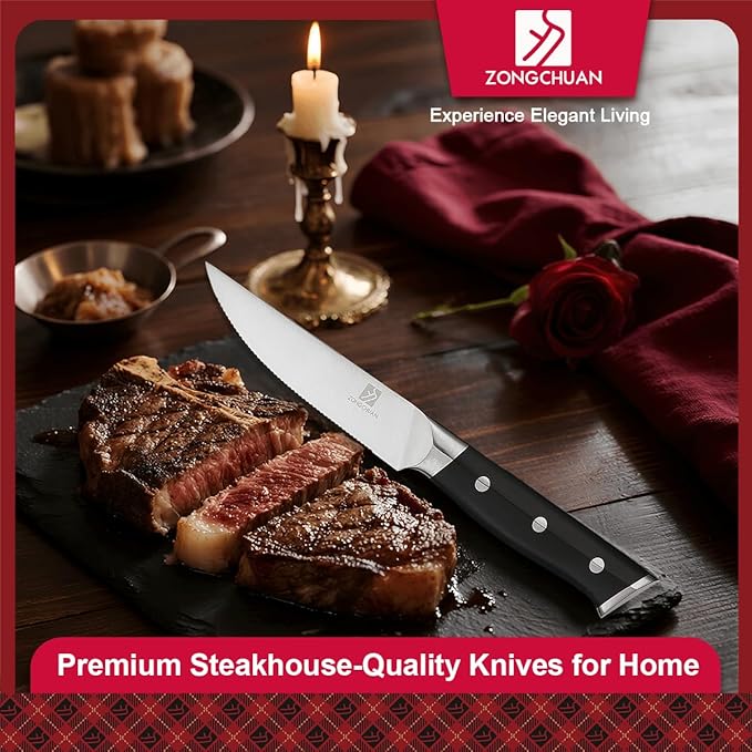 Steak Knives,4.5 Inch Steak Knives Set of 6, Micro-Cutting Point Serrated Edge, Very Sharp Steak Knife, Dishwasher Safe, 50CR15MOV Stainless Steel, Handle Ergonomic And Full Tang Design With Gift Box