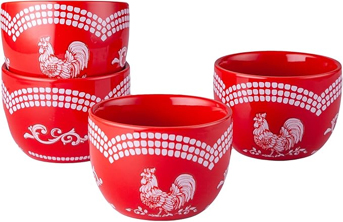 Temp-tations by Tara 8 oz Ramekins Oven Safe in Doodle Red - Set of 4 Creme Brulee Dessert Cups, Small Dipping Bowls for Baking, Ice Cream, Soufflé Dishes or Charcuterie, Ceramic Single Serve Dish