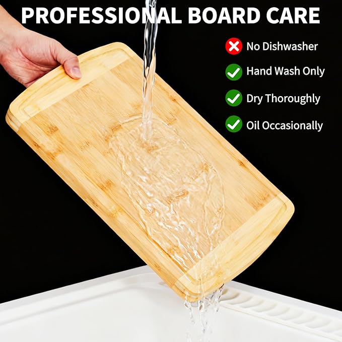 Bamboo Cutting Board, 16x10 in, 1 in Thick Wood Cheese Charcuterie Board with Deep Juice Groove & Built in Handle, Butcher Chopping Block for Kitchen