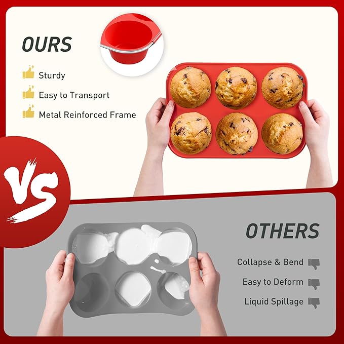Socisen 2 Pack 6 Cups Silicone Jumbo Muffin Pan with Metal Reinforced Frame Silicone Molds Cupcake Cake Baking Pans Egg Bites Muffin Tin Tart Pans Bundt Pan Reposteria Accesorios Moldes Para Pasteles