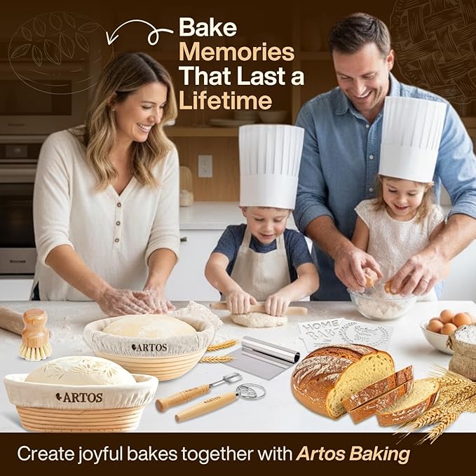 Sourdough Starter Kit | 9" Round & 10" Oval Banneton Bread Proofing Baskets | Sourdough Bread Baking Supplies with Dough Whisk, Scrapers Bread Lame, Cleaning Brush, Detailed Guide & Recipes
