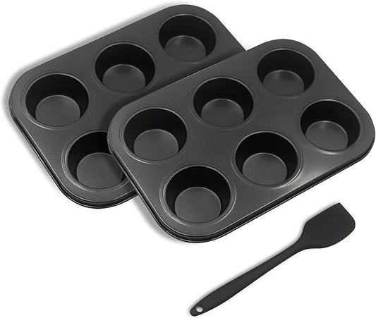Bakexcel Non-Stick Muffin Pans, 6-Cup Standard Baking Pans Set of 2 with a Scraper for Perfect Muffins & Cupcakes
