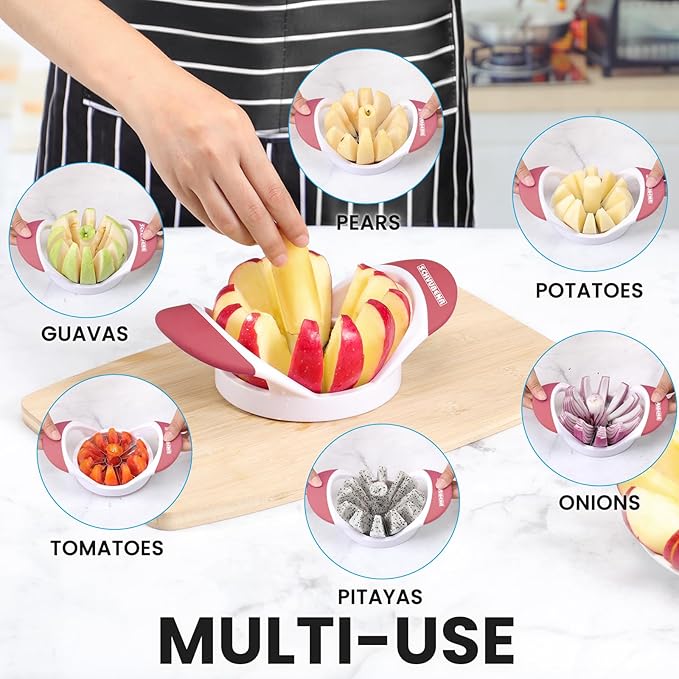 SCHVUBENR Large Apple Corer and Slicer - 4.72 Inch Apple Cutter Slicer with 12 Blades - Stainless Steel Apple Slicer - Sharp Apple Corer Tool - Anti-Slip Grip, Easy to Use & Dishwasher Safe - Pink