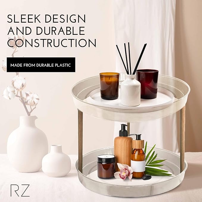 Rachel Zoe 2 Tier Lazy Susan Organizer, Wood Two Tier Lazy Susan Turntable, 360° Spin Tray Organizer, Pantry Spice Organizer for Kitchen, Rotating Bathroom Counter Organizer