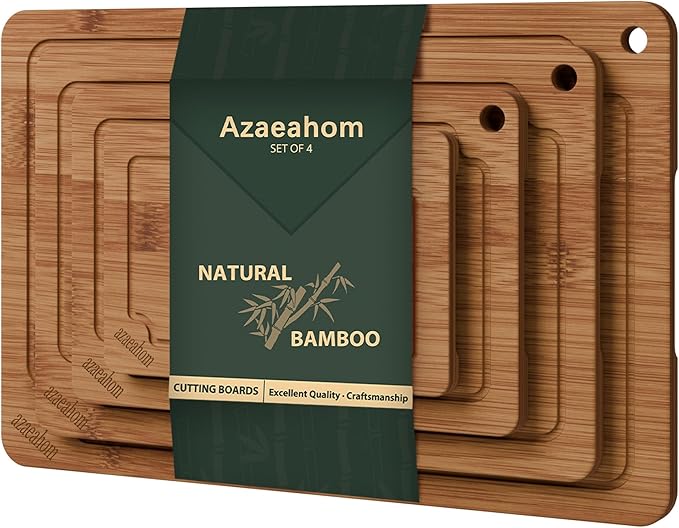 Bamboo Cutting Boards for Kitchen, Wood Cutting Board Set with Juice Grooves & Built-in Handles, Easy Storage & Clean Chopping Board for Meat, Vegetables, Fruit(4 Pcs)