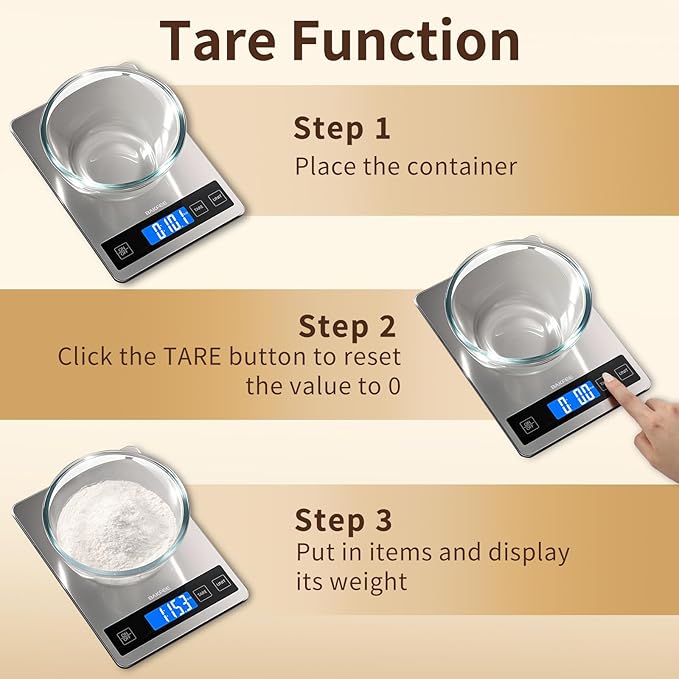 BakFee Food Scale, 33lb Digital Kitchen Scale with Stainless Steel & Tempered Glass, USB Rechargeable, 1g / 0.05oz Precise Graduation, Waterproof and Sturdy Surface, for Cooking, Baking, Weight Loss