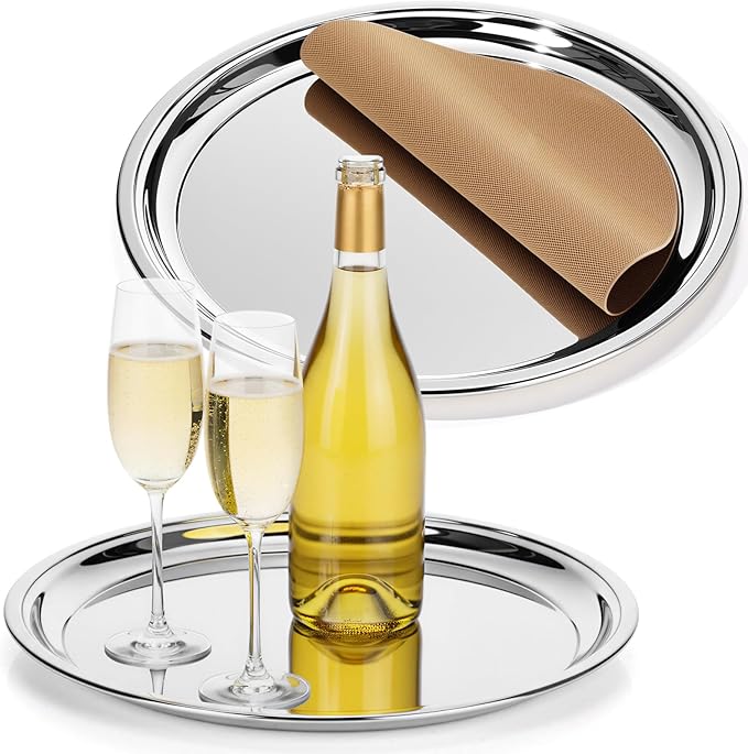 LemonRoad 2 Set Round Silver Mirror Decorative Tray 14.17 Inches Stainless Steel Metal Serving Tray Mirrored Finish Circular Bar Platter with Anti Slip Mat Vanity Kitchen Organizer for Home